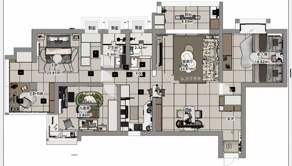 孟宪涛｜龙园北路80号1-2706-130㎡-现代简约风格｜4室2厅2卫｜老房装修｜定制家｜全包16万｜00_03平面彩图
